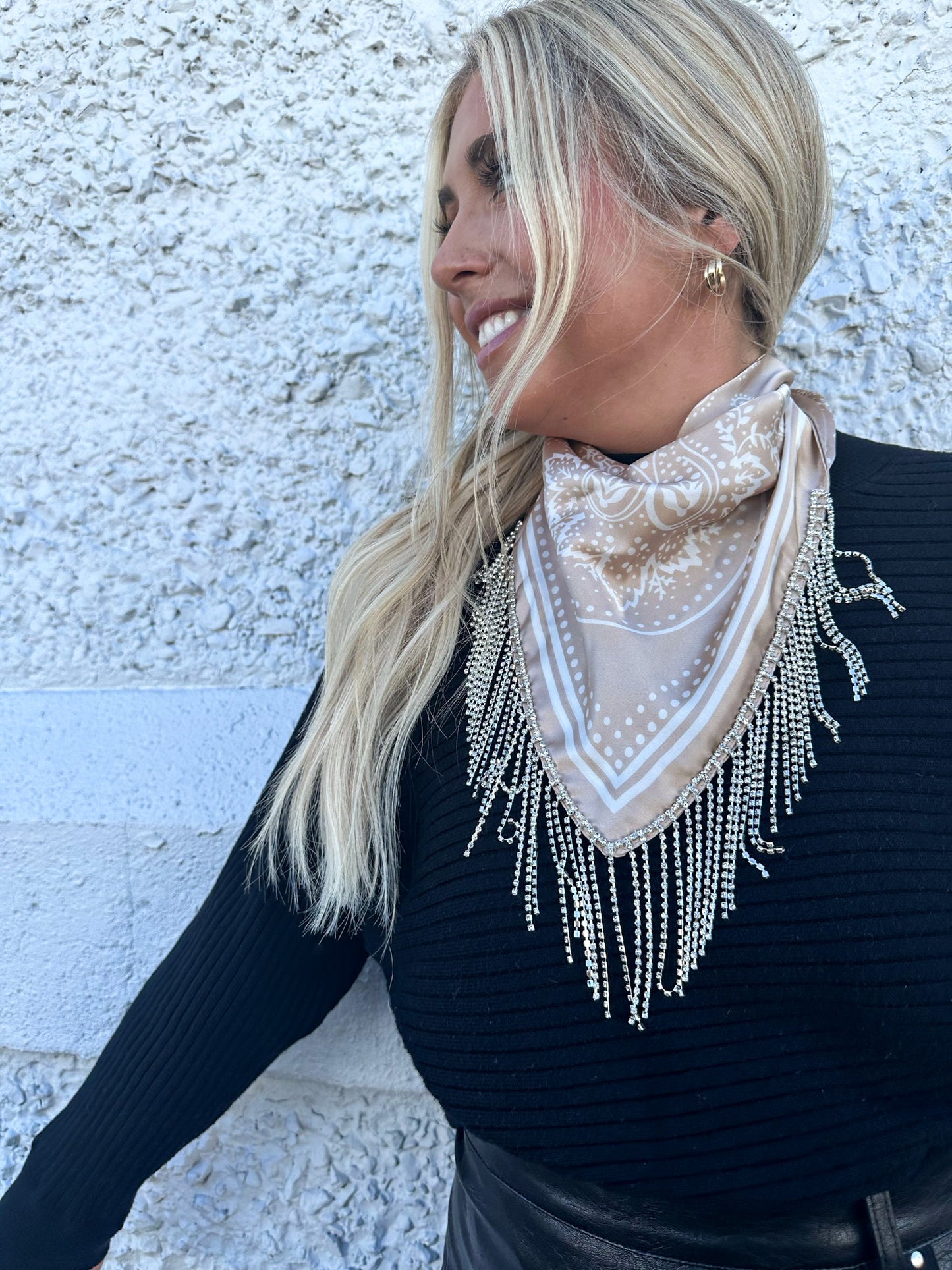 ELSON RHINESTONE FRINGE BANDANA-TAUPE