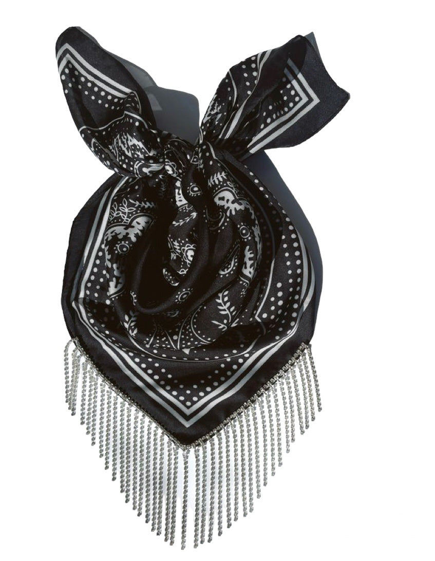 ELSON RHINESTONE FRINGE BANDANA-BLACK