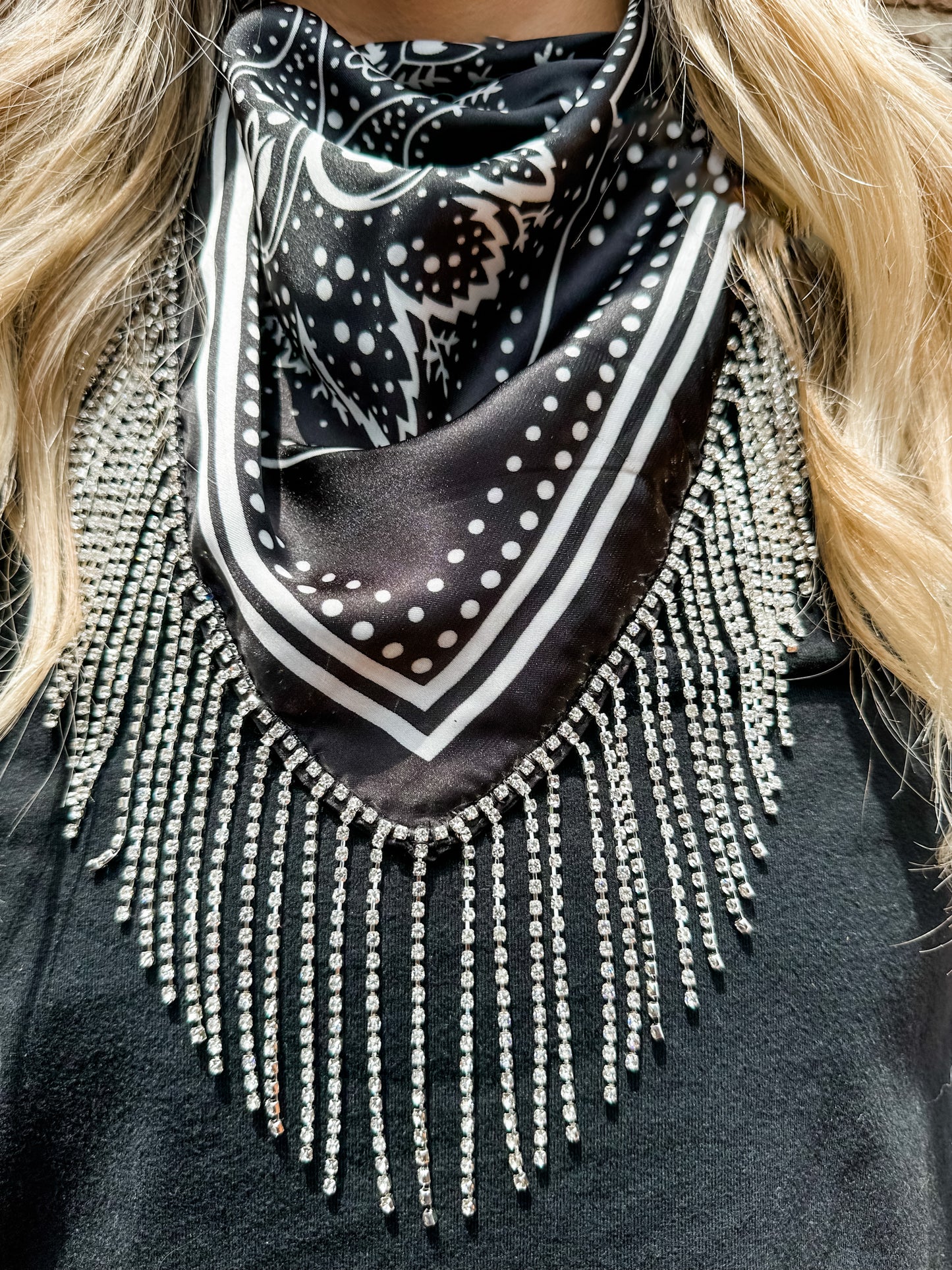 ELSON RHINESTONE FRINGE BANDANA-BLACK